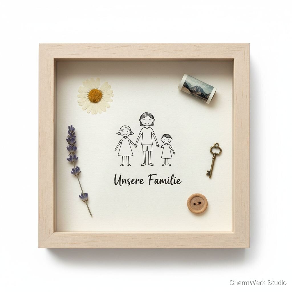 Handgezeichnete Familien-Illustration im Schattenbox-Rahmen
