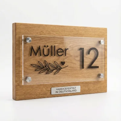 Kombiniertes Haustürschild: Holz + Acryl mit Familiennamen