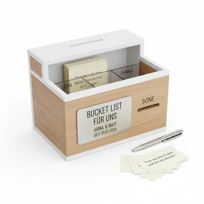 „Bucket List für uns“ Münz-Einwurfbox mit Zielen