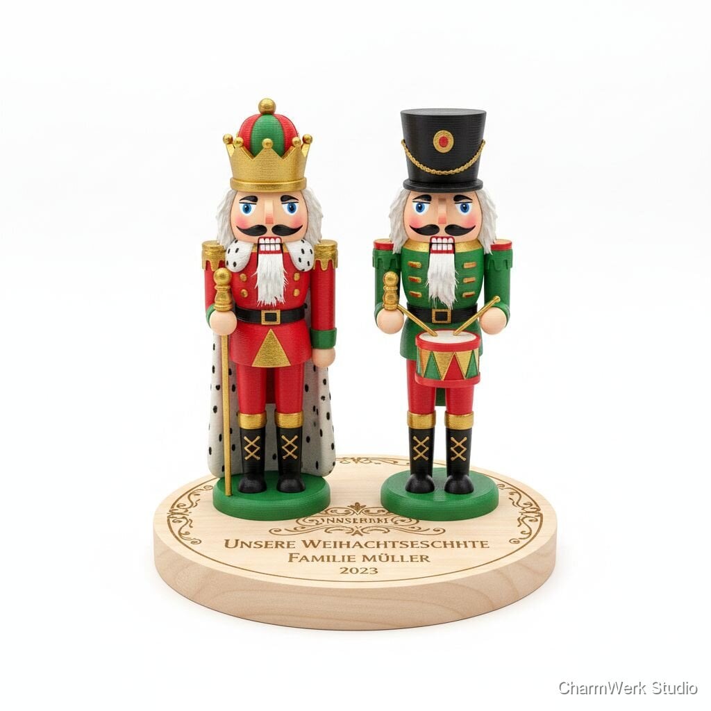 3D-Nussknacker-Figurenpaar auf graviertem Sockel