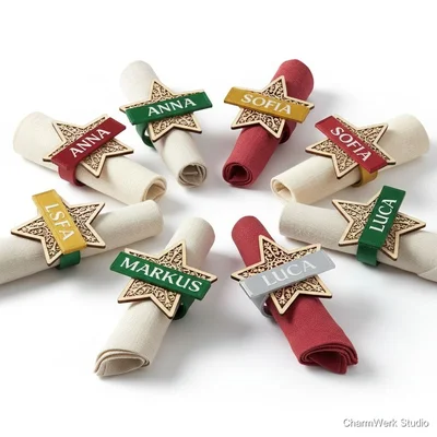 Weihnachtsstern-Serviettenringe mit Namensanhängern