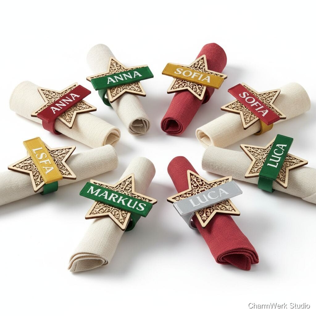 Weihnachtsstern-Serviettenringe mit Namensanhängern