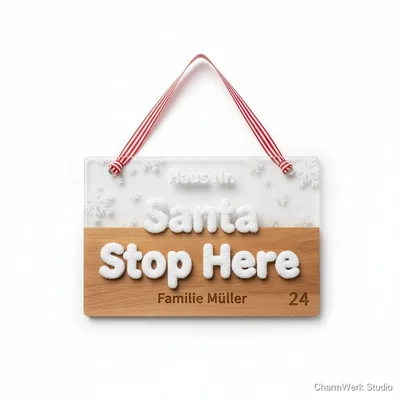 „Santa Stop Here“-Türschild mit 3D-Schneeballschrift