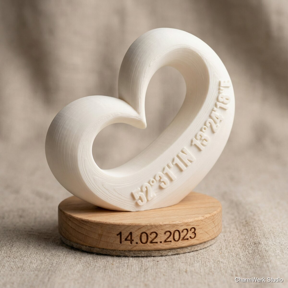 3D-gedruckte Herz-Skulptur mit Koordinaten - Detailansicht