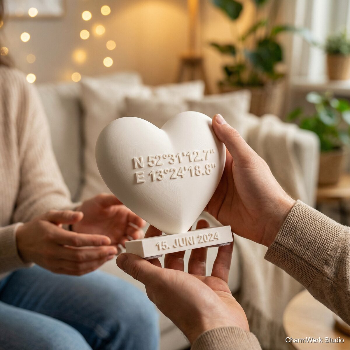 3D-gedruckte Herz-Skulptur mit Koordinaten - Lifestyle