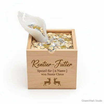 „Rentier-Futter“-Dose mit 3D-Ausgießer und Gravur