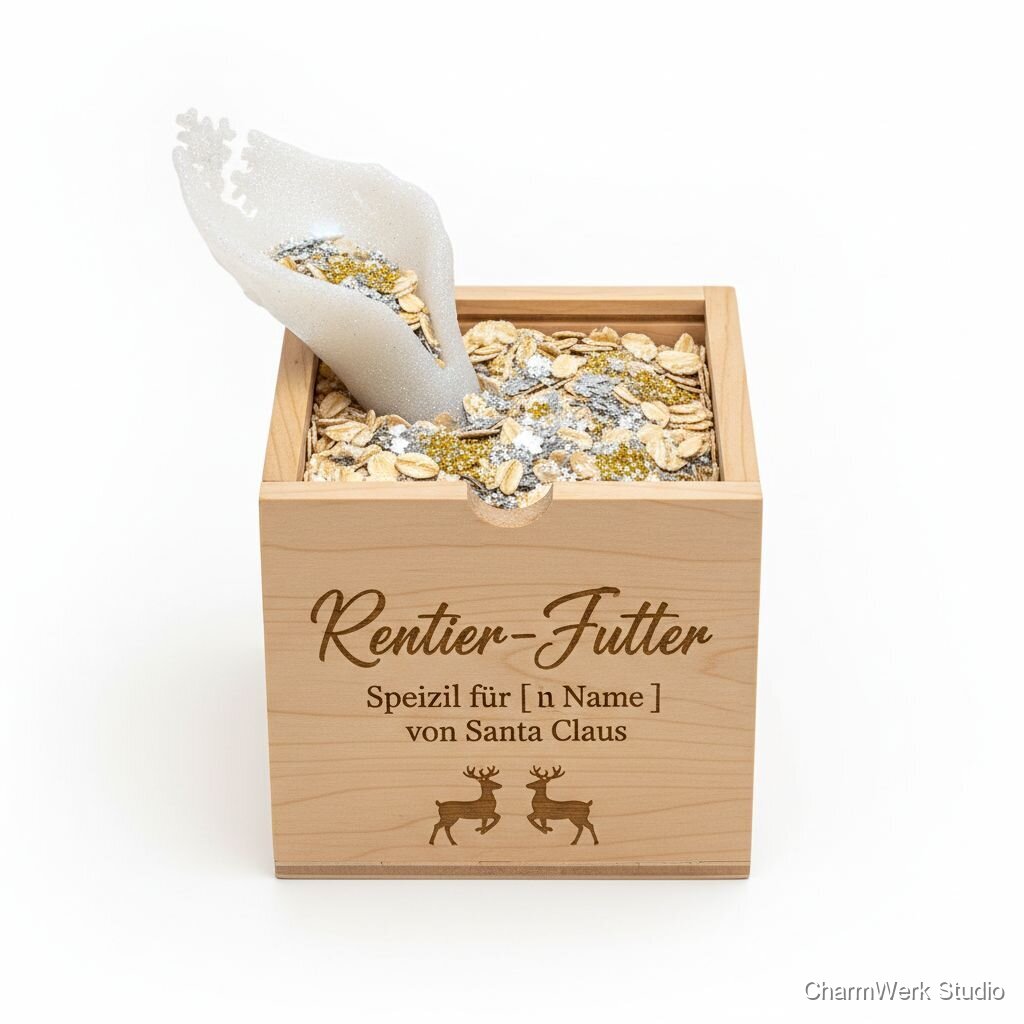 „Rentier-Futter“-Dose mit 3D-Ausgießer und Gravur