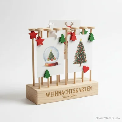 Weihnachtskarten-Display mit 3D-Klammern und Gravur