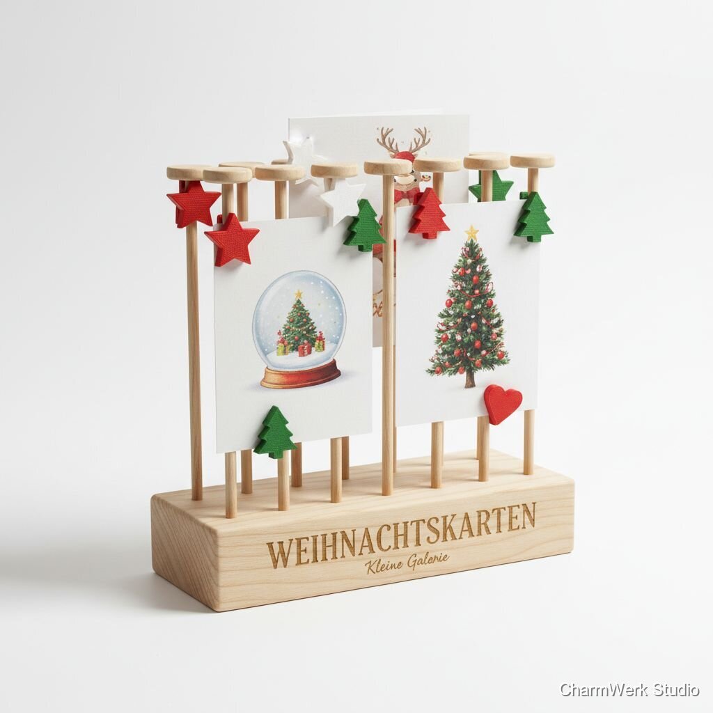 Weihnachtskarten-Display mit 3D-Klammern und Gravur