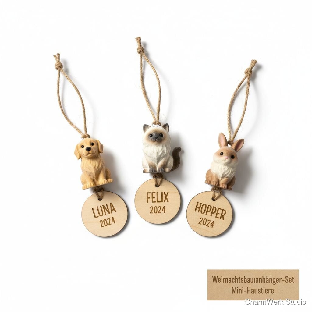 Weihnachtsbaumanhänger-Set „Mini-Haustiere“ personalisiert