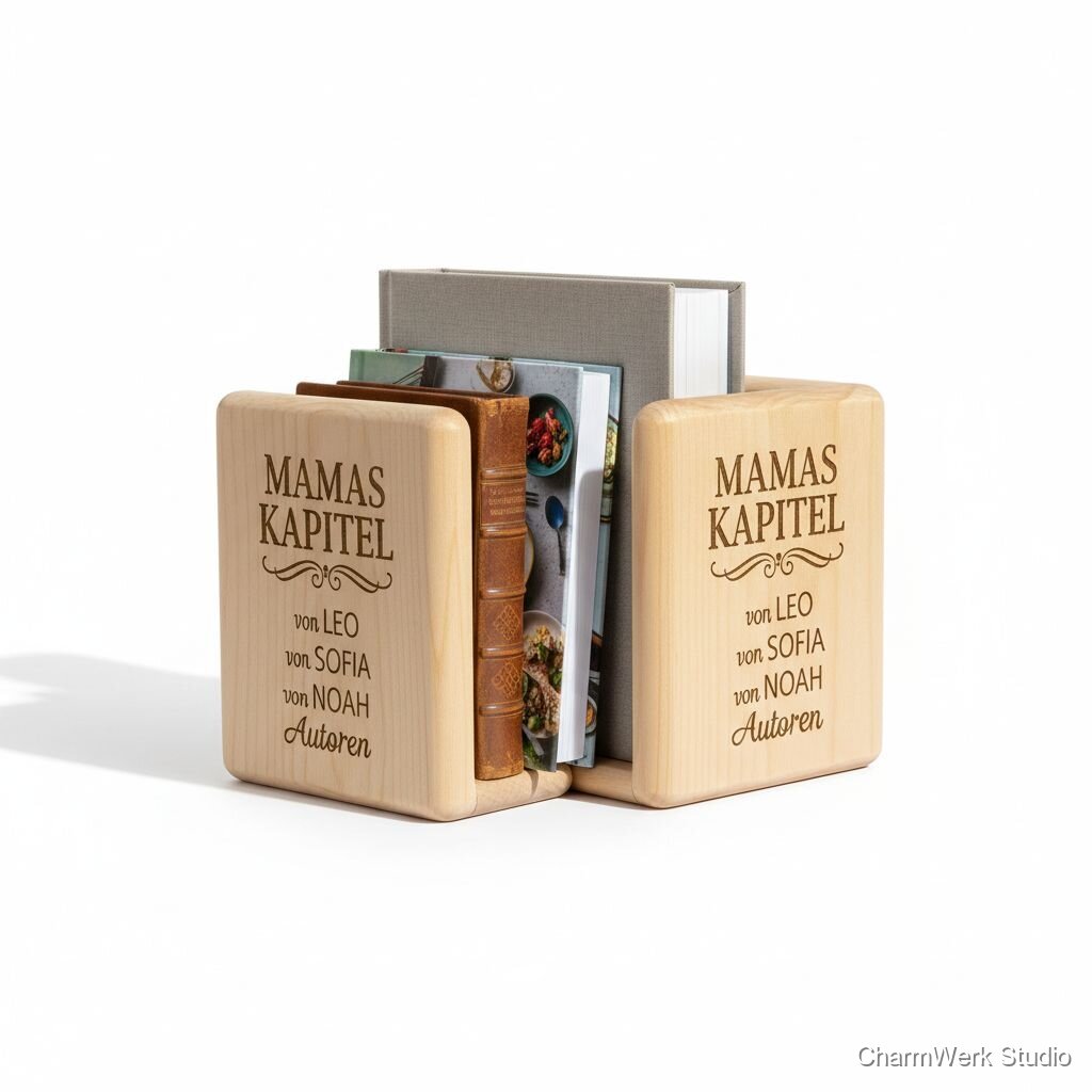 Gravierte Holz-Buchstützen „Mamas Bücherwelt“ (Paar)