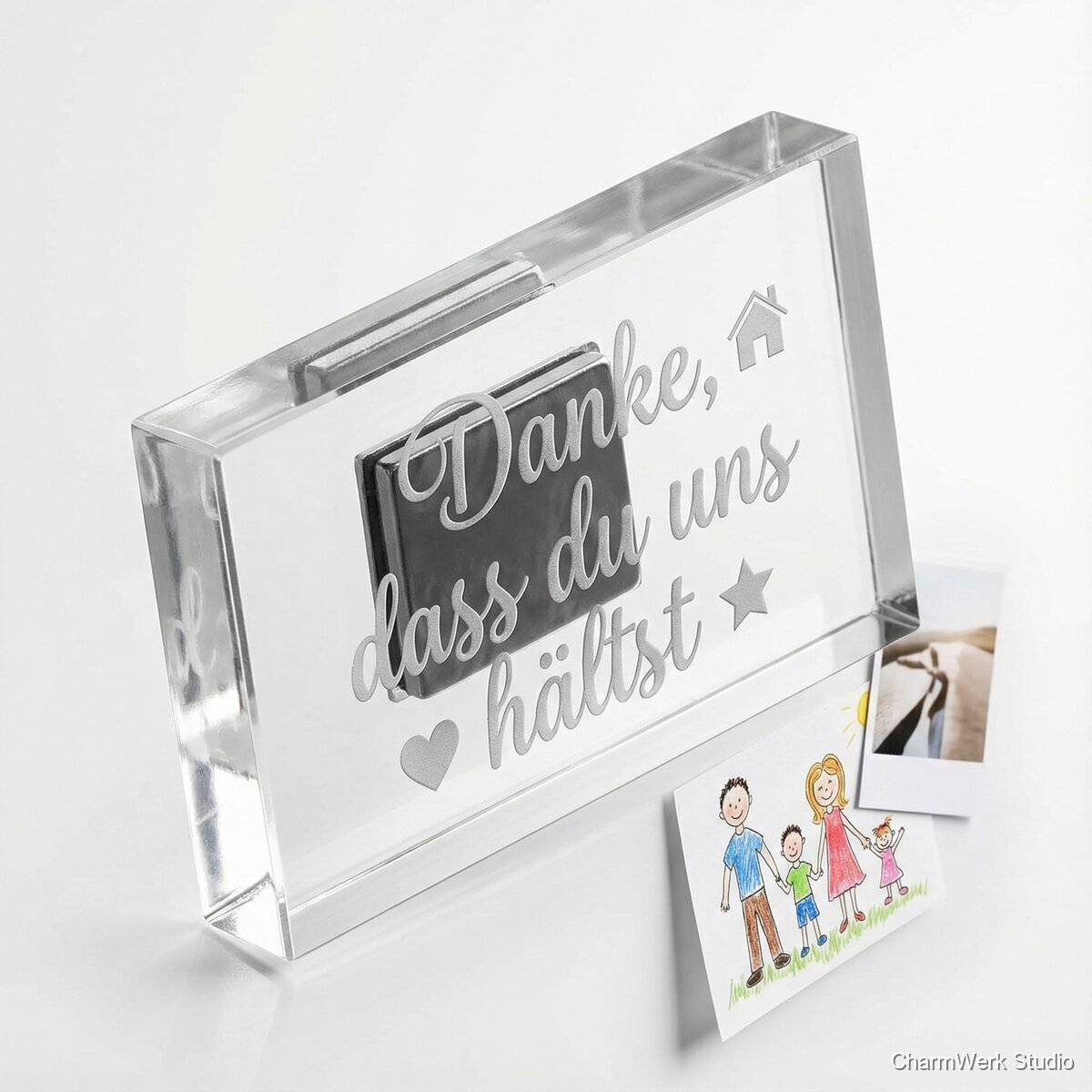 Acryl-Kühlschrank-Magnet „Danke, dass du uns hältst“ - Seitenansicht