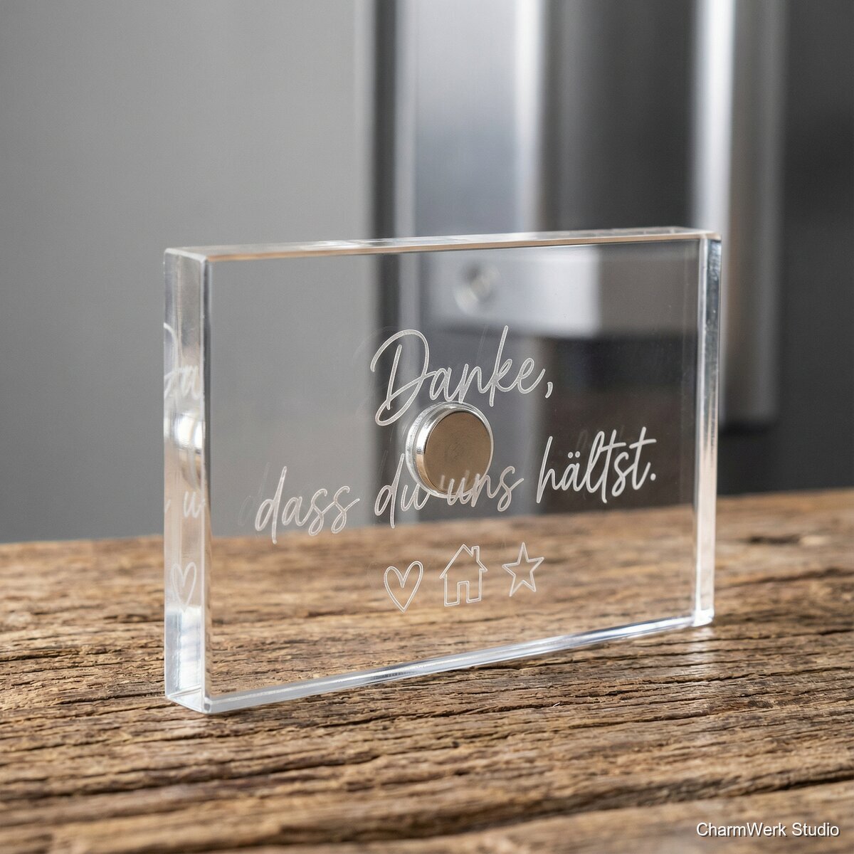 Acryl-Kühlschrank-Magnet „Danke, dass du uns hältst“ - Detailansicht