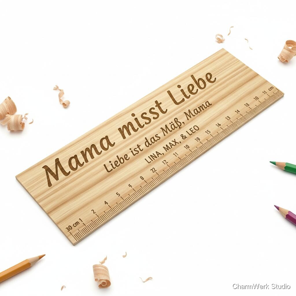 Graviertes Holzlineal „Mama misst Liebe“ (30 cm) - Seitenansicht