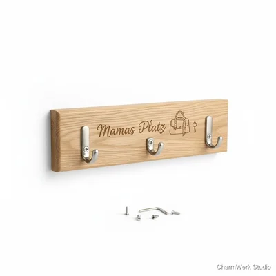 Holz-Wandhakenleiste „Mamas Tasche“ mit Gravur