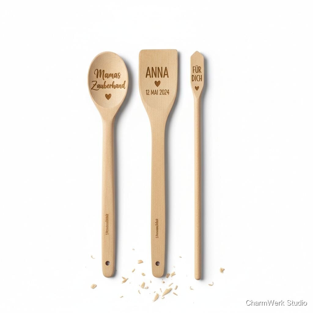 Graviertes Holz-Kochlöffel-Set „Mamas Zauberhand“