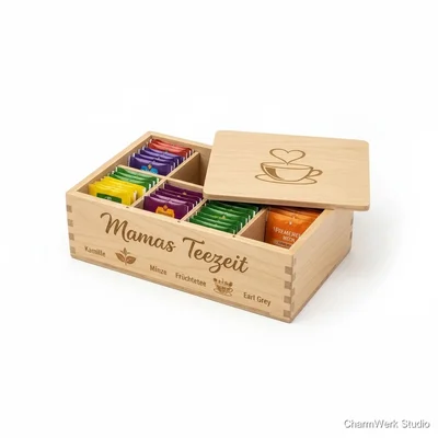 Teebeutel-Organizer aus Holz „Mamas Teezeit“ graviert