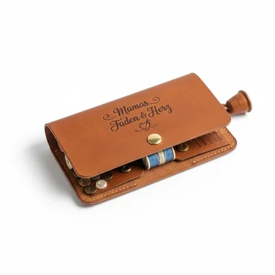 Graviertes Nähset-Etui aus Leder „Mamas Faden & Herz“