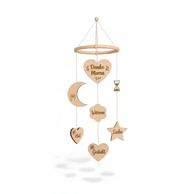 Graviertes Holz-Mobile „Danke, Mama“ mit Symbolen