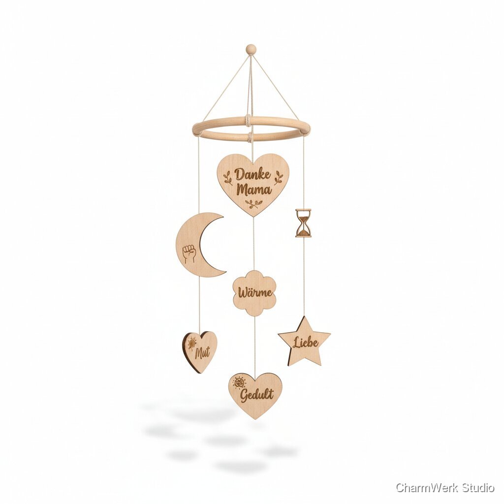 Graviertes Holz-Mobile „Danke, Mama“ mit Symbolen