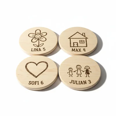Holz-Untersetzer mit Kinderzeichnungen als Gravur (Set)