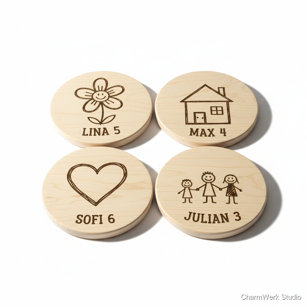 Holz-Untersetzer mit Kinderzeichnungen als Gravur (Set)
