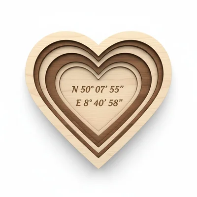 3D-Inlay-Bild „Koordinaten-Herz“ aus Holzlagen