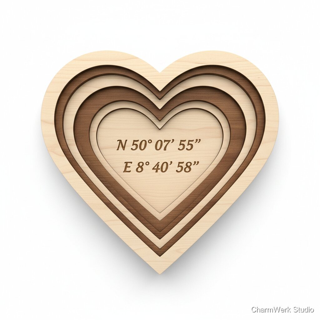 3D-Inlay-Bild „Koordinaten-Herz“ aus Holzlagen