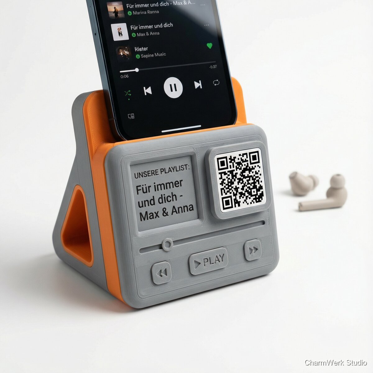 „Unsere Playlist“-Ständer für Handy & Karte