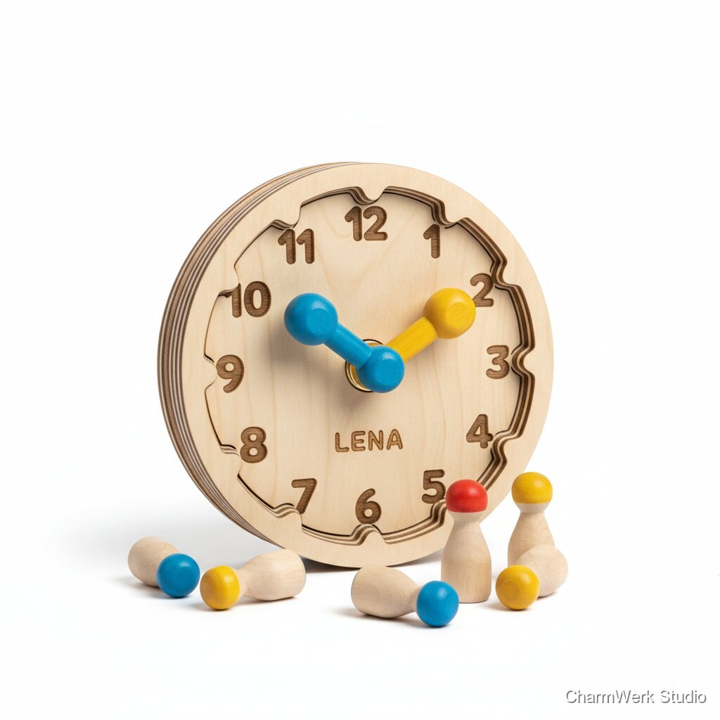 CNC-gefräste Lernuhr aus Holz mit Steckzeigern