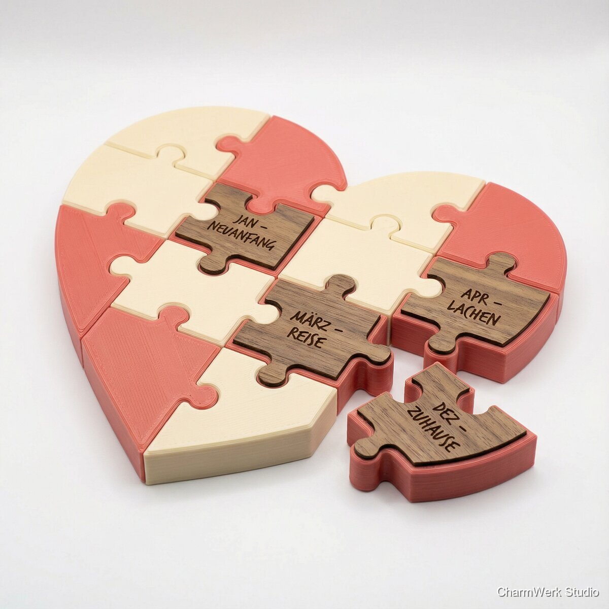 3D-gedrucktes Herz-Puzzle mit 12 Teilen - Seitenansicht