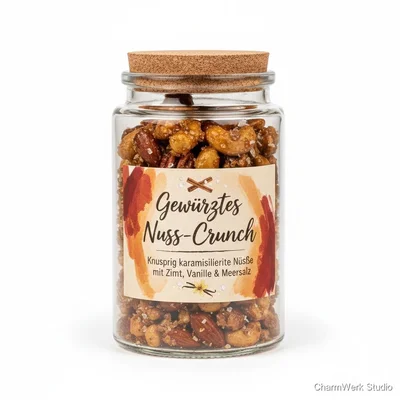 Gewürztes Nuss-Crunch im Glas mit handgemaltem Etikett