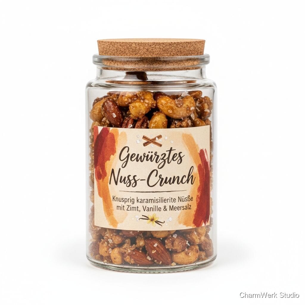 Gewürztes Nuss-Crunch im Glas mit handgemaltem Etikett