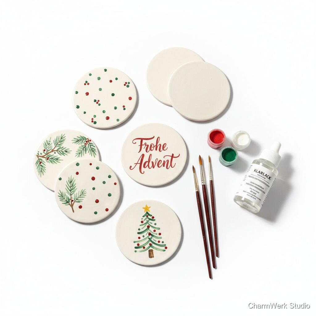 Handbemalte Keramik-Untersetzer im Weihnachtslook