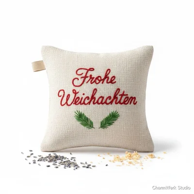 Genähtes Lavendelkissen mit Stickerei „Frohe Weihnachten“