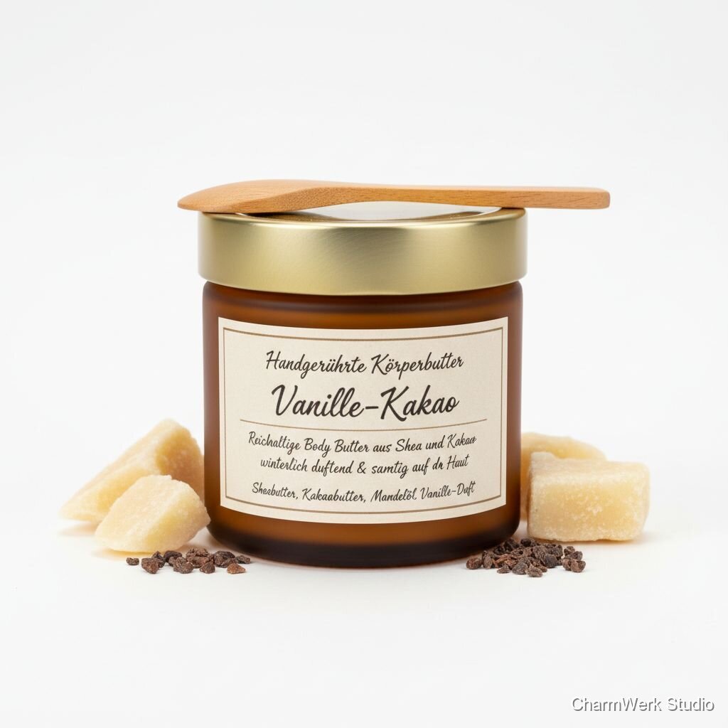 Handgerührte Körperbutter „Vanille-Kakao“ im Tiegel