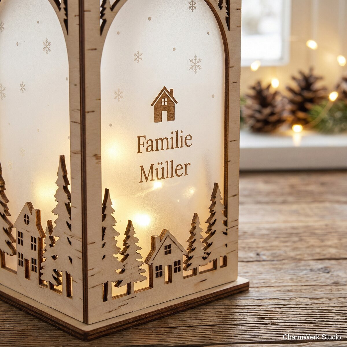 Winterdorf-Laterne mit Namen und Familienhaus - Detailansicht