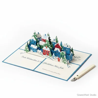 Handgebastelte Pop-up Weihnachtskarte mit Winterdorf