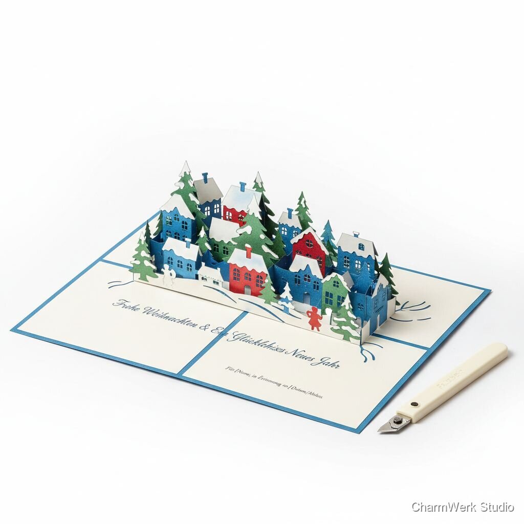 Handgebastelte Pop-up Weihnachtskarte mit Winterdorf
