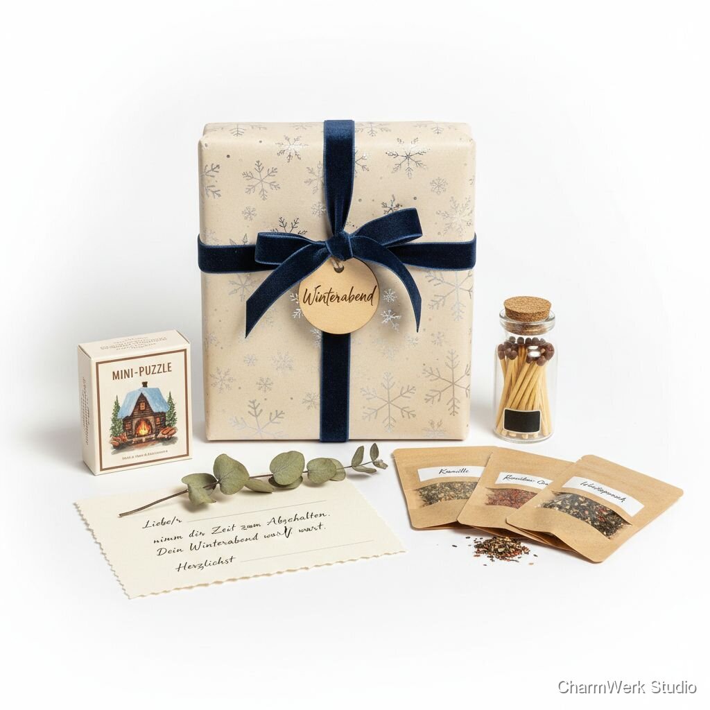 Gestaltetes „Winterabend“-Päckchen mit Puzzle und Tee