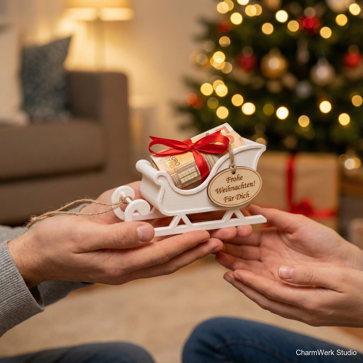 3D-Schlitten-Geldgeschenk mit graviertem Holzschild - Lifestyle