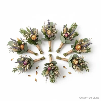 Handgebundene Mini-Sträuße aus Trockenblumen und Tanne