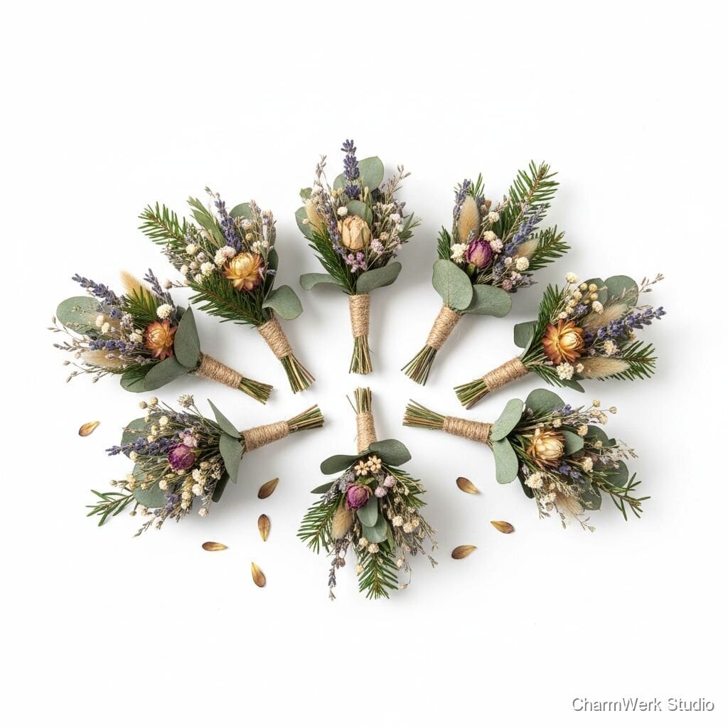 Handgebundene Mini-Sträuße aus Trockenblumen und Tanne