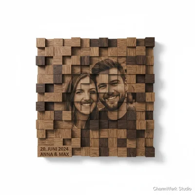 CNC-Foto-Mosaik aus Holz als Wandrelief