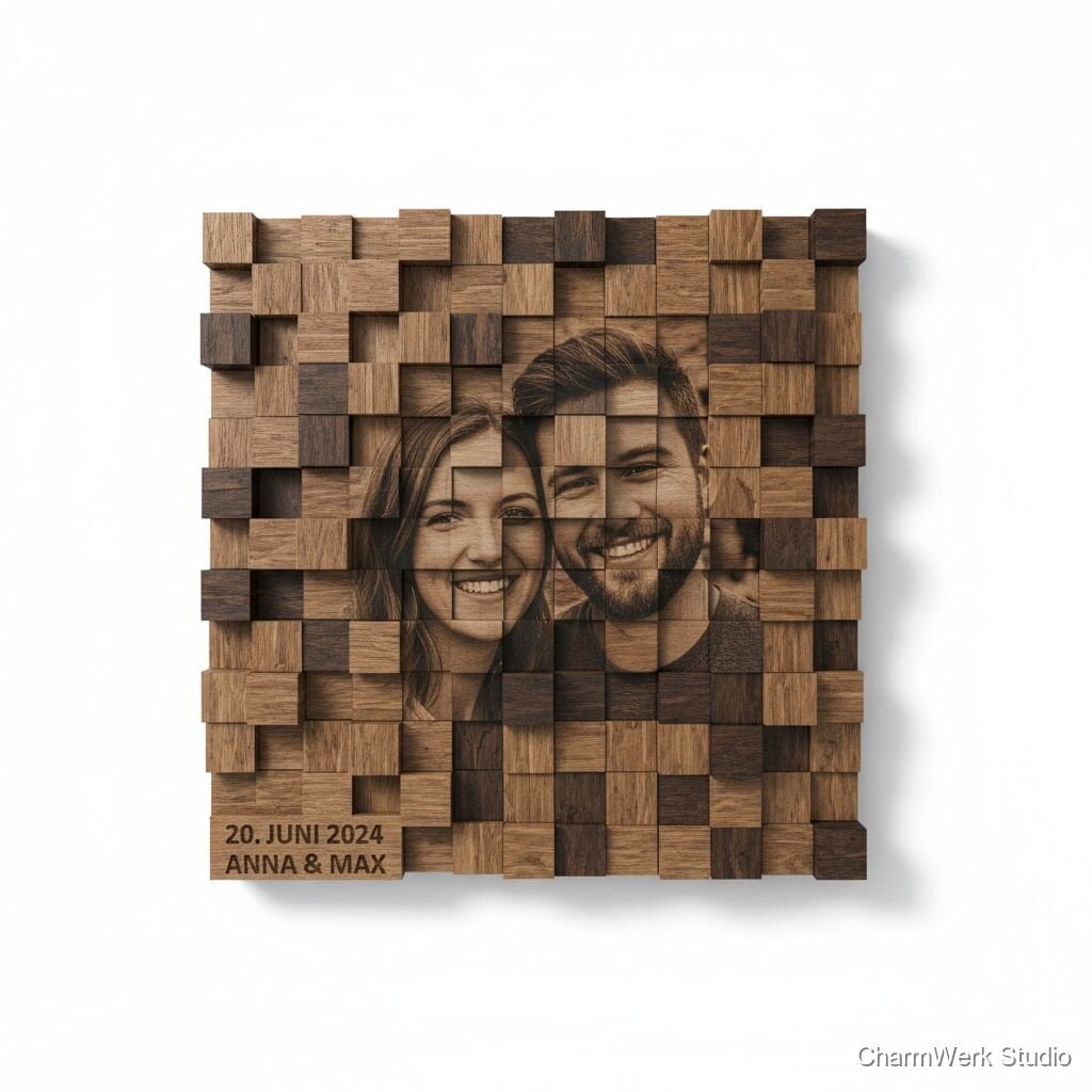 CNC-Foto-Mosaik aus Holz als Wandrelief