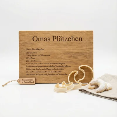 Familien-Rezeptbrett „Omas Plätzchen“ mit Ausstecher-Set