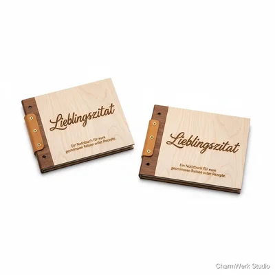 „Lieblingszitat“-Buchcover aus Holz (CNC-Inlay)