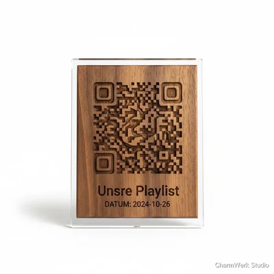 CNC-„Unsere Playlist“-QR-Stand aus Holz
