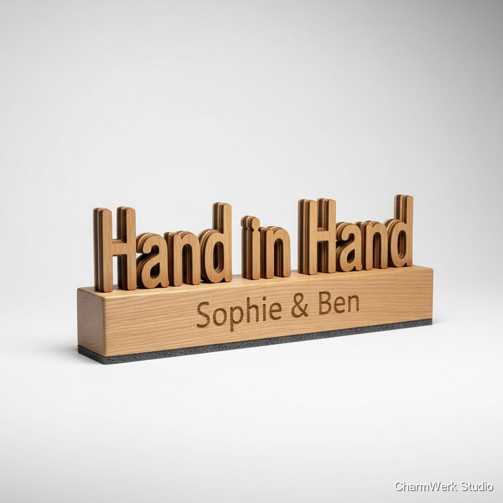 CNC-gefäster „Hand-in-Hand“-Schriftzug als Regalaufsteller