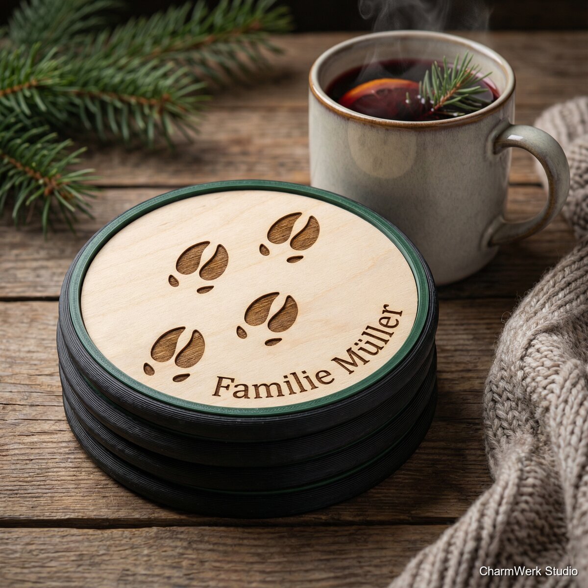 Tassen-Untersetzer-Set „Rentier-Spuren“ mit 3D-Rand - Detailansicht